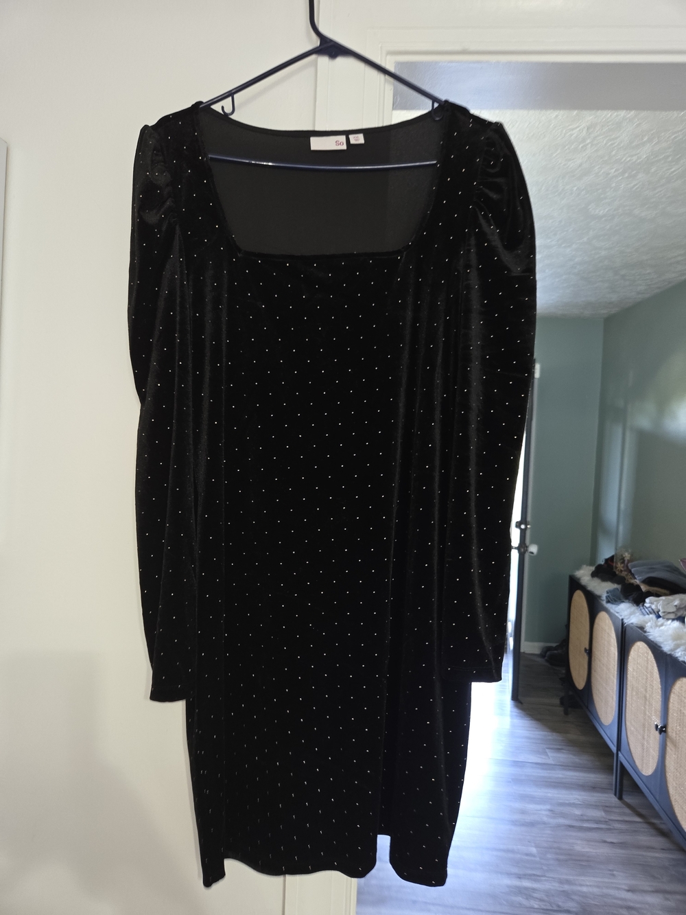 SO Black Velvet Long Sleeve Dress with Gold Dots. Puffy Shoulders. Short Fitted